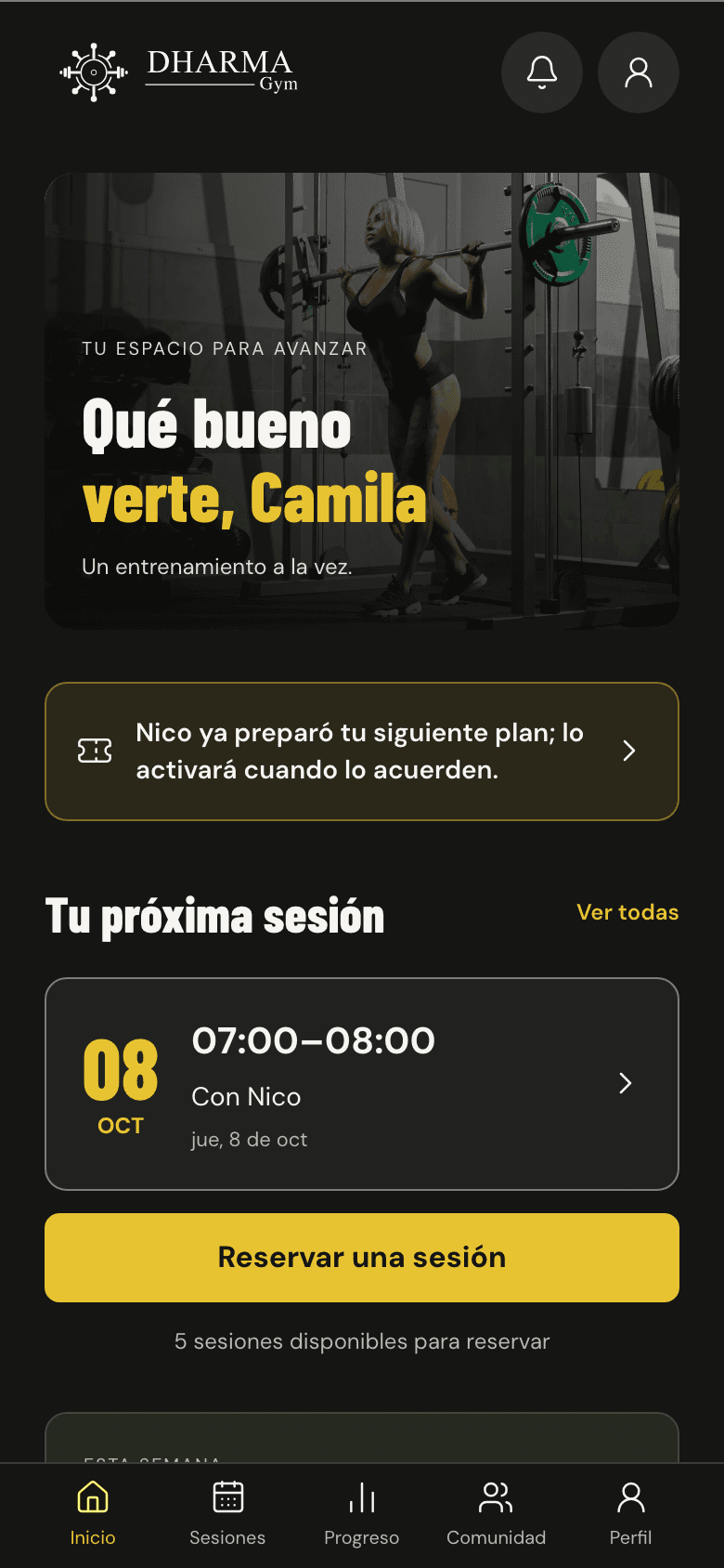 Inicio de la app: próxima sesión y botón para reservar
