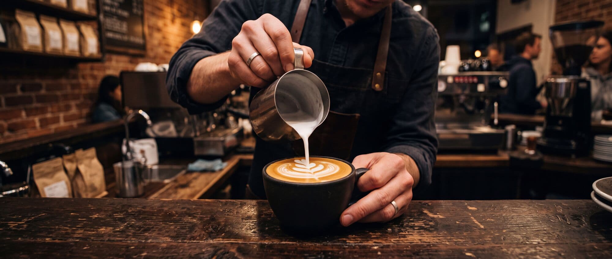 Barista sirviendo un café con arte latte